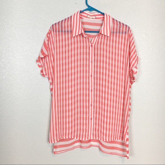 Pleione | Red Stripe Sheer Short Sleeve Button Up - Picture 1 of 6